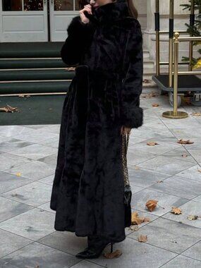 Black Casual Women's Fluffy Long Coat